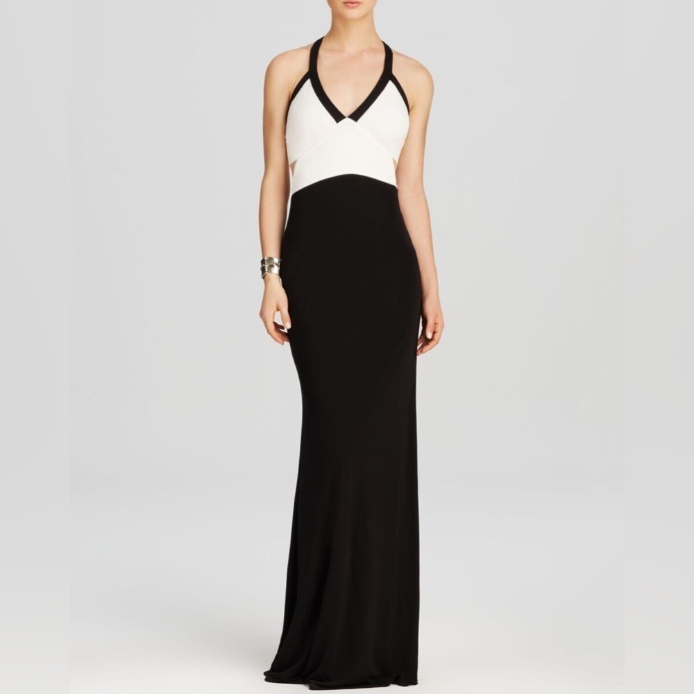 ABS Allen Schwartz ~ Black & White Jersey V Neck Cut-Out Formal Gown Maxi Dress